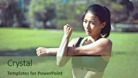  Presentation with stretching - Amazing slide deck having beautiful asian woman stretching her muscles before her run backdrop and a seafoam green colored foreground