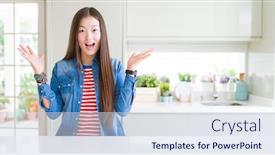  Presentation with denim - Slide set featuring beautiful asian woman wearing denim jacket on white table celebrating crazy and amazed for success with arms raised and open eyes screaming excited winner concept background and a sky blue colored foreground