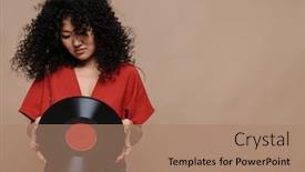  Presentation with vinyl record - PPT layouts with beautiful-asian-woman-with-long background and a coral colored foreground