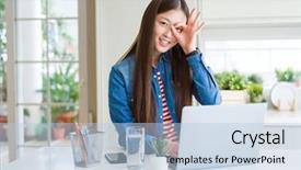  Presentation with asian - Slide deck enhanced with beautiful asian woman working using background and a  colored foreground