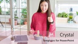  Presentation with asian - PPT theme featuring beautiful asian woman working using background and a coral colored foreground