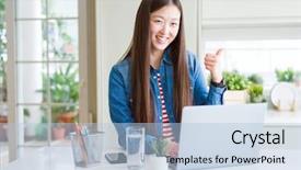  Presentation with asian - Colorful presentation enhanced with beautiful asian woman working using backdrop and a light blue colored foreground