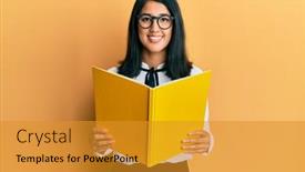  Presentation with book glasses - Audience pleasing PPT theme consisting of beautiful-asian-young-woman-reading backdrop and a gold colored foreground