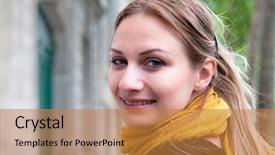  Presentation with beautiful young woman getting face - Beautiful slide deck featuring beautiful attractive young woman smiling backdrop and a gold colored foreground