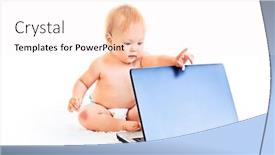  Presentation with baby - Slide deck with beautiful baby is playing with laptop isolated over white background and a white colored foreground