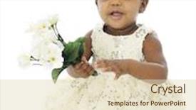  Presentation with hair dress - Amazing PPT theme having beautiful barefoot baby girl in a white hair bow and sequin dress she's happily holding a small bouquet of white flowers on a white background backdrop and a soft green colored foreground