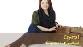  Presentation with teen girl - Cool new slide deck with beautiful barefoot teen girl happily sitting on the ground leaning on a rustic old beam on a white background backdrop and a tawny brown colored foreground