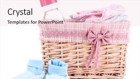 Presentation with baby clothes - Audience pleasing PPT theme consisting of beautiful basket of baby clothes backdrop and a  colored foreground