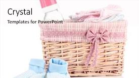  Presentation with baby clothes - Colorful slide deck enhanced with beautiful basket of baby clothes backdrop and a sky blue colored foreground