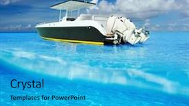  Presentation with white sand - Slide deck enhanced with beautiful beach and motor boat background and a cyan colored foreground