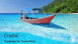  Presentation with motor boat in the sea - Amazing presentation design having beautiful beach and motor boat backdrop and a cyan colored foreground