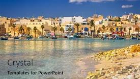  Presentation with mediterranean - Presentation theme featuring beautiful-beach-of-the-mediterranean background and a coral colored foreground