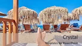  Presentation with beach - Colorful slide deck enhanced with gazebo man's legs sunbathing backdrop and a coral colored foreground