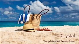  Presentation with beach bag - PPT theme featuring beautiful beach with bag background and a lemonade colored foreground