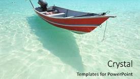 Presentation with motor boat in the sea - Amazing PPT theme having beautiful beach with motor boat backdrop and a soft green colored foreground