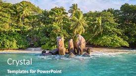  Presentation with beach rocks - Colorful PPT theme enhanced with beautiful-beach-with-palm-tree backdrop and a teal colored foreground
