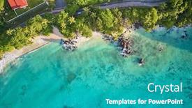  Presentation with beach rocks - Colorful PPT theme enhanced with beautiful-beach-with-palm-tree backdrop and a teal colored foreground