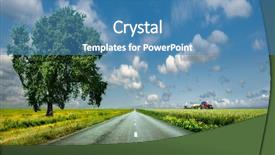  Presentation with tractor - Colorful PPT theme enhanced with beautiful big green tree stands in a field with wheat on the sidelines of an asphalt road right in the background red tractor in a field backdrop and a teal colored foreground