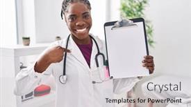  Presentation with self - Presentation theme with beautiful-black-doctor-woman-holding background and a light gray colored foreground