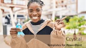  Presentation with blue ribbon - PPT layouts enhanced with beautiful-black-woman-holding-blue background and a coral colored foreground