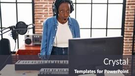  Presentation with black woman - Presentation theme having beautiful-black-woman-playing-piano background and a  colored foreground