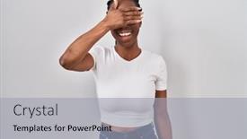  Presentation with black woman - Slide set with beautiful-black-woman-standing-over background and a light gray colored foreground