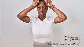  Presentation with black woman - PPT theme featuring beautiful-black-woman-standing-over background and a light gray colored foreground