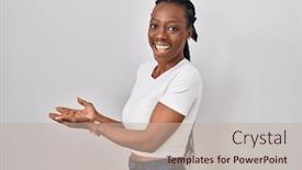  Presentation with woman hands open - PPT theme featuring beautiful-black-woman-standing-over background and a mint green colored foreground