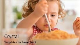  Presentation with child eat - Presentation design enhanced with beautiful blond child eating spaghetti background and a coral colored foreground