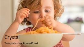  Presentation with spaghetti - PPT theme with beautiful blond child eating spaghetti background and a coral colored foreground