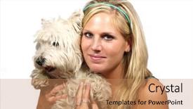  Presentation with west - Cool new PPT theme with beautiful blond girl holding west highland terrier on white background backdrop and a coral colored foreground