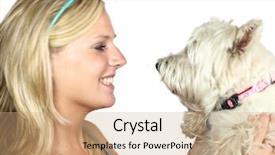  Presentation with west - Slides consisting of beautiful blond girl holding west highland terrier on white background background and a coral colored foreground