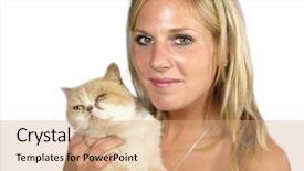  Presentation with west - Audience pleasing PPT theme consisting of beautiful blond girl holding west highland terrier on white background backdrop and a coral colored foreground