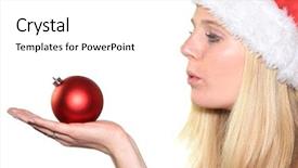  Presentation with girl christmas - PPT theme having beautiful blond girl with santa hat holding red christmas ball background and a white colored foreground