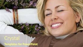  Presentation with thoughts - PPT theme having beautiful blond haired blue eyed laying down and thinking happy thoughts in a field of heather background and a tawny brown colored foreground