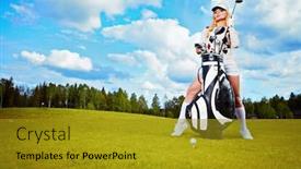  Presentation with golf - Beautiful theme featuring beautiful blond haired blue eyed young woman playing golf backdrop and a gold colored foreground