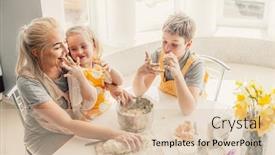  Presentation with parent children - PPT theme with beautiful-blond-mom-teaching background and a lemonade colored foreground