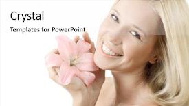  Presentation with lily flower - PPT theme enhanced with beautiful blond smiling woman background and a sky blue colored foreground