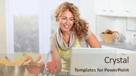  Presentation with recipe - Slide deck with beautiful blond woman looking at recipe on internet background and a coral colored foreground