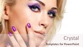  Presentation with manicure - Slides consisting of beautiful blond woman with beauty purple manicure and makeup of eyes fashion model with curly hairstyle background and a lemonade colored foreground