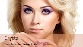  Presentation with beauty makeup - Presentation theme having beautiful blond woman with beauty purple manicure and makeup of eyes fashion model with curly hairstyle background and a coral colored foreground