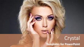  Presentation with manicure - Slide deck featuring beautiful blond woman with beauty purple manicure and makeup of eyes fashion model with curly hairstyle background and a coral colored foreground