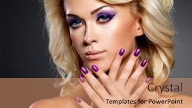  Presentation with beauty makeup - Cool new presentation theme with beautiful blond woman with beauty purple manicure and makeup of eyes fashion model with curly hairstyle backdrop and a coral colored foreground