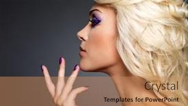  Presentation with manicure - Amazing presentation theme having beautiful blond woman with beauty purple manicure and makeup of eyes fashion model with curly hairstyle backdrop and a coral colored foreground