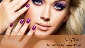 Presentation with manicure - Slide deck with beautiful blond woman with beauty purple manicure and makeup of eyes fashion model with curly hairstyle background and a coral colored foreground