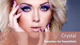  Presentation with beauty makeup - Slide set enhanced with beautiful blond woman with beauty purple manicure and makeup of eyes fashion model with curly hairstyle background and a coral colored foreground