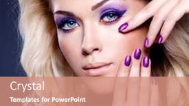  Presentation with manicure - Amazing presentation design having beautiful blond woman with beauty purple manicure and makeup of eyes fashion model with curly hairstyle backdrop and a coral colored foreground