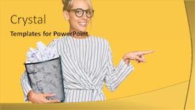  Presentation with bin - PPT theme consisting of beautiful-blonde-business-woman-holding background and a yellow colored foreground