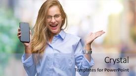  Presentation with winner - Amazing slides having beautiful blonde business woman showing backdrop and a  colored foreground