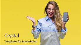  Presentation with young business woman smile show - PPT theme enhanced with beautiful blonde business woman showing background and a  colored foreground